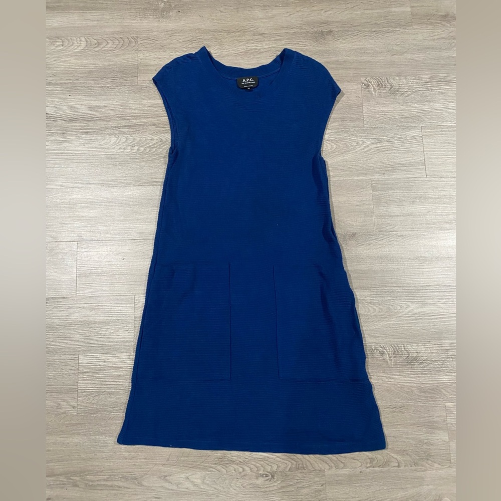 APC Ribbed Textured Embossed Blue Dress Large Pockets XS